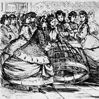 Women holding a 
cage crinoline of metal hoops